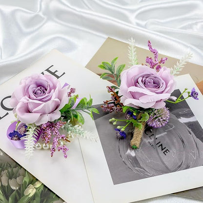 SITUMEIZI 2Pcs Purple Corsage and Boutonniere Set,Corsage Wristlet for Prom Decor,Boutonniere for Men Wedding Flowers Accessories Party Suit Decoration