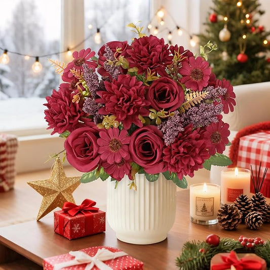 Dremisland Artificial Christmas Flowers 2 Bundles Fake Roses Silk Like Real Artificial Bouquets with Daisy Chrysanthemum Faux Flowers Arrangements for Christmas Centerpiece Table Home Decor
