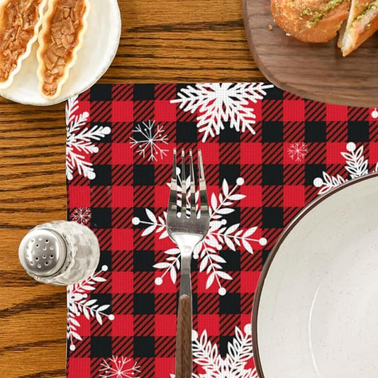 Christmas Snowflakes Placemats Set of 4 Buffalo Plaid Place Mats Washable Table Dinner Mats Linen Table Mats for Kitchen Dining Party Home Kitchen Decor 12x18 Inch