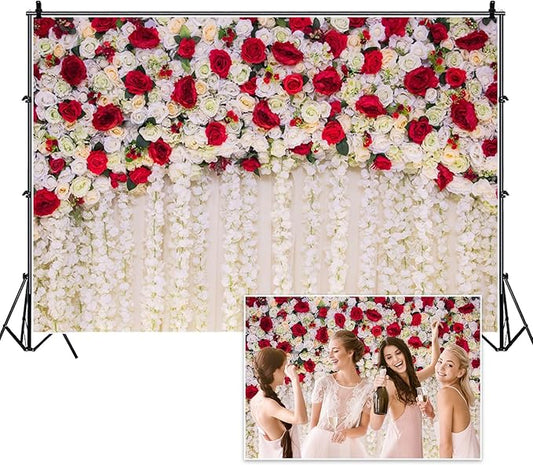 5x3ft White Red Flowers Wall Backdrops Wedding Floral Background Spring Blooming Roses Photography Banner for Bridal Shower Mothers Day Birthday Womens Day Valentines Day Baby Shower Decor