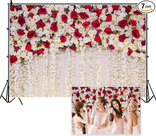 12x8ft Flower Wall Wedding Backdrop White Red Roses Romantic Spring Blooming Floral Photo Background for Valentine's Day Bridal Shower Mothers Day Birthday Newborn Decorations Photo Props