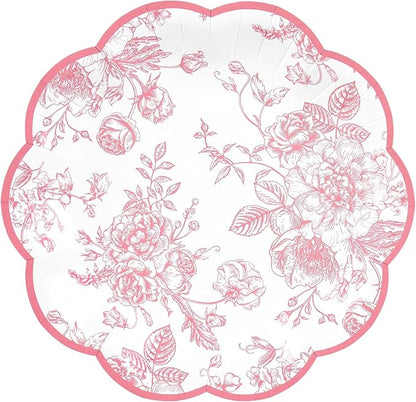 Pink Floral Party Plates Vintage Floral Leaf Disposable Paper Plates Wildflower Pink Toile 7" Scalloped Rim Dessert Plates for Valentines Birthday Bridal Tea Party Supplies (24)