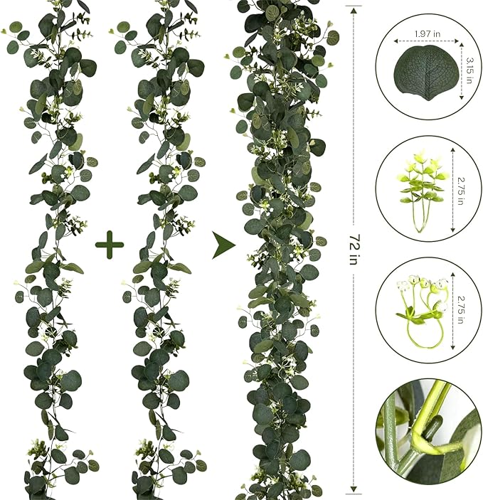 4Pcs Eucalyptus Garland, 6FT Green Flower Garland Decor, Artificial Faux Eucalyptus Leaves Greenery Vines for Table Runner Wedding Bedroom Mantle Centerpieces Backdrop Decorations