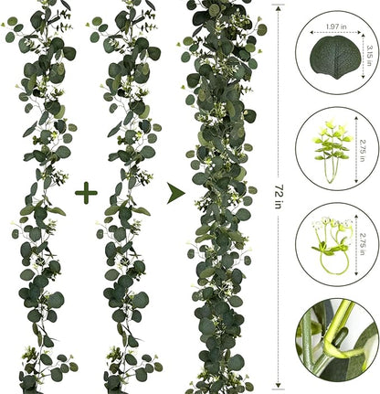 4Pcs Eucalyptus Garland, 6FT Green Flower Garland Decor, Artificial Faux Eucalyptus Leaves Greenery Vines for Table Runner Wedding Bedroom Mantle Centerpieces Backdrop Decorations