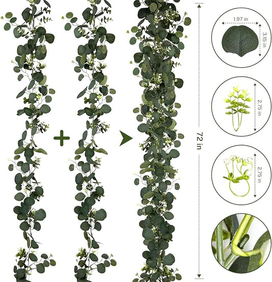 4Pcs Eucalyptus Garland, 6FT Green Flower Garland Decor, Artificial Faux Eucalyptus Leaves Greenery Vines for Table Runner Wedding Bedroom Mantle Centerpieces Backdrop Decorations