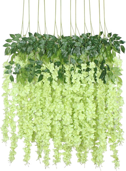 Duovlo 12 Piece Artificial Silk Wisteria Vine 3.6 Feet Hanging Flower Garland String Home Party Wedding Decor (Green)