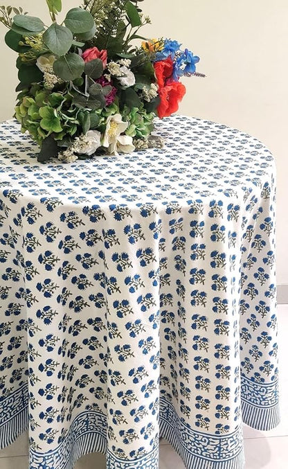 ATOSII Gulbahar Blue 100% Cotton Fall Round Tablecloth, Handblock Print Floral Table Cloth for Kitchen Dining Linen I Thanksgiving, Christmas, Weddings, Outdoors, Parties I 72" Inches Diameter