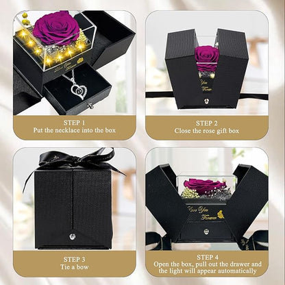 Preserved Real Rose-Eternal Flowers Purple Rose Gifts for Women Her Mom Wife Girlfriend on Valentines Mothers Day with I Love You Necklace 100 Languages Engraved Acrylic Block Puzzle Piece