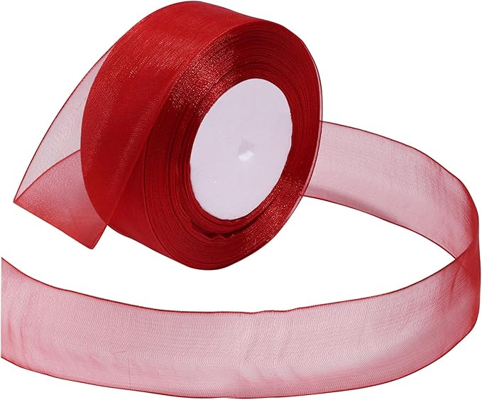 Red Ribbon for Gift Wrapping 1-1/2 inch Sheer Organza Ribbon for Flower Bouquet Tulle Chiffon Ribbons for Wedding Invitations Christmas Decorations Crafts 50 Yards