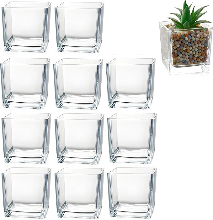 12pcs Square Glass Vases for Centerpieces, 3.15" Clear Short Glass Vase Cube Plant Terrarium, Candle Holder for Wedding Centerpiece, Office Decorations, Home Décor, Parties