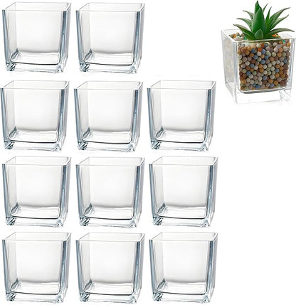 12pcs Square Glass Vases for Centerpieces, 3.15" Clear Short Glass Vase Cube Plant Terrarium, Candle Holder for Wedding Centerpiece, Office Decorations, Home Décor, Parties