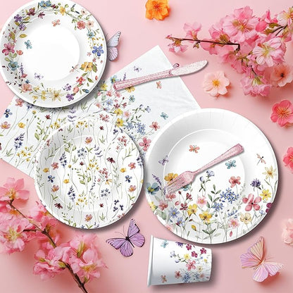 Wildflower Party Supplies, Floral Party Decorations Tableware, Plate, Napkins, Cup, Cutlery, Tablecloth, Backdrop, Banner, Spring Summer Flower Decorations For Birthday, Baby Shower, Serve 24