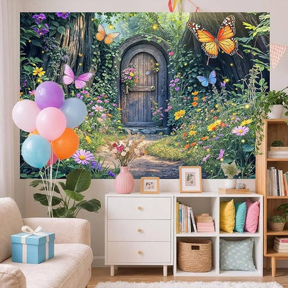 12X10ft Enchanted Forest Backdrop Fairy Enchanted Wonderland Garden Wooden Door Floral Butterfly Photography Background for Kids Girls Baby Shower Birthday Party Decoration Banner Booth Props