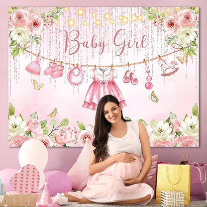 Pink Floral Baby Girl Baby Shower Backdrop Decorations,Cute Clothes Its a Girl Banner Back Drops Rose Gold Flower Photography Background for Baby Shower Party Supplies Photo Booth Props 8x6ft