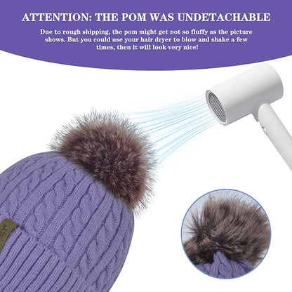 FENELY Women's Knitted Warm Beanie Winter Hat, Warm Chunky Snow Hat with Pompom