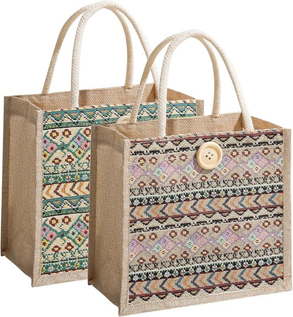 Women Tote Bag,2Pcs Jute Casual Tote's Handbag Embroidered Personalized Bento Bag,Reusable Grocery Bags Shopping Bags
