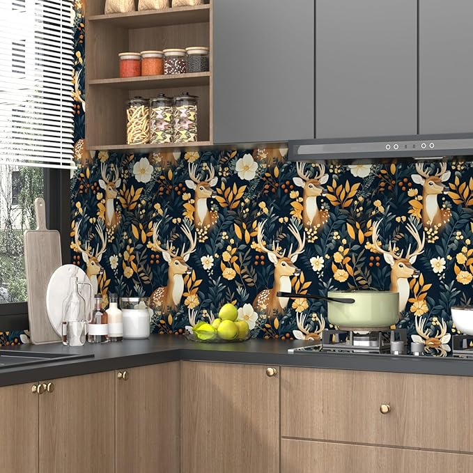 Deer Wallpaper Peel and Stick Vintage Blue Gold Floral Wallpaper Contact Paper 17.5" × 118" Waterproof Vinyl Self Adhesive Dark Wall Paper for Bedroom Walls Cabinet Locker Decor