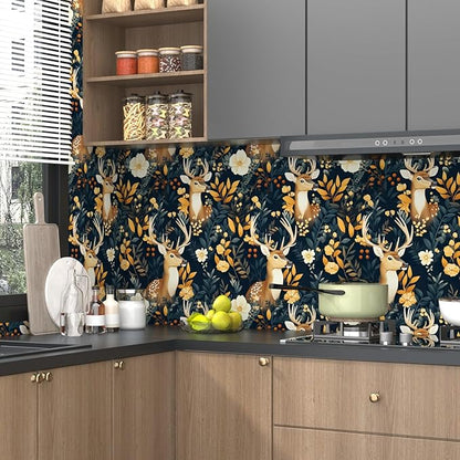 Deer Wallpaper Peel and Stick Vintage Blue Gold Floral Wallpaper Contact Paper 17.5" × 118" Waterproof Vinyl Self Adhesive Dark Wall Paper for Bedroom Walls Cabinet Locker Decor