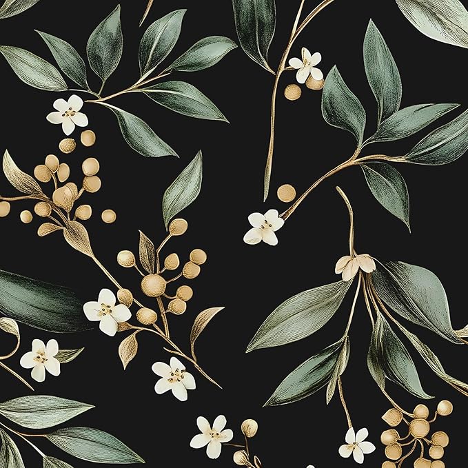 Dark Peel and Stick Wallpaper Vintage – Dark Green Leaf Removable Self-Adhesive Vinyl for Bathroom Bedroom Kitchen Drawer Cabinet, Black Green Gold Floral Wall Decor Retro Style 17.5" x 118"
