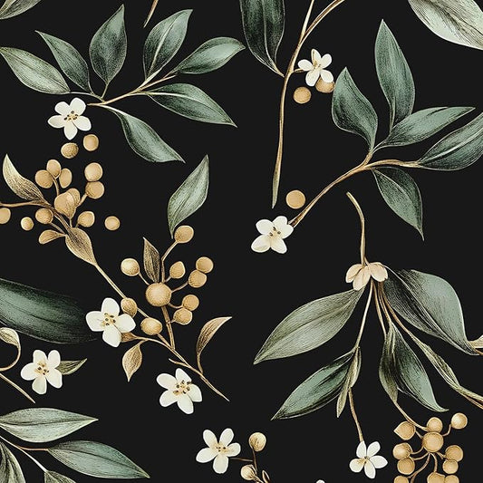 Extra Long Dark Peel and Stick Wallpaper 17.5" x 393" – Vintage Floral Green Leaf Botanical Self-Adhesive Vinyl Contact Paper for Bathroom Bedroom Kitchen Cabinet Drawer Walls PVC DIY Decor