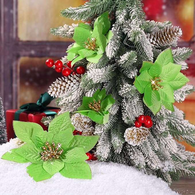WILLBOND 24 Pcs 3 Size Poinsettia Flower Artificial Christmas Decor Glitter Poinsettia Christmas Ornaments Faux Flowers for Xmas Tree Outdoor(4/6/7.9 Inches,Green)