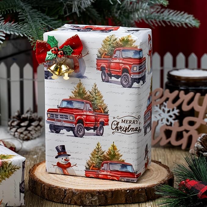 MAYPLUSS Christmas Wrapping Paper Roll - 17 In x 33 Feet - Cute Watercolor Christmas Tree Truck Snowman Gift Wrap Paper for New Year, Holiday, Kids