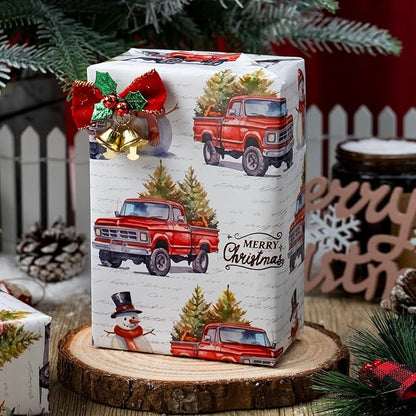 MAYPLUSS Christmas Wrapping Paper Roll - 17 In x 33 Feet - Cute Watercolor Christmas Tree Truck Snowman Gift Wrap Paper for New Year, Holiday, Kids