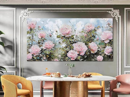 Ardemy Flower Wall Art Canvas Art Wall Decor, Floral Painting Textured Picture Living Room Pink Rose Artwork Large Framed for Bedroom Kitchen Dining Room Home Office Decor 48"x24"