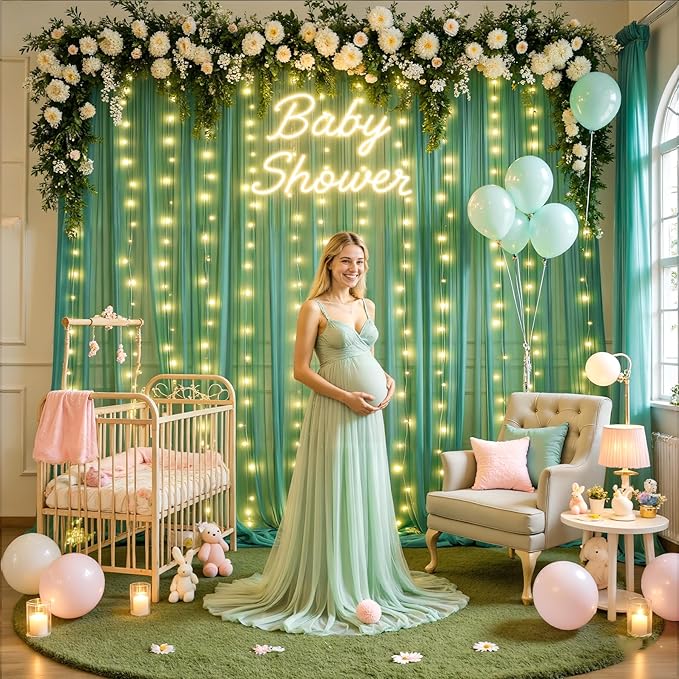 10ft x 10ft Hunter Green Tulle Photo Backdrop Curtain with Lights String for Christmas Party Sheer Curtain Backdrop Drapes for Birthday Party Holiday Wedding Photo Booth Background Room Decorations