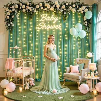 10ft x 10ft Hunter Green Tulle Photo Backdrop Curtain with Lights String for Christmas Party Sheer Curtain Backdrop Drapes for Birthday Party Holiday Wedding Photo Booth Background Room Decorations