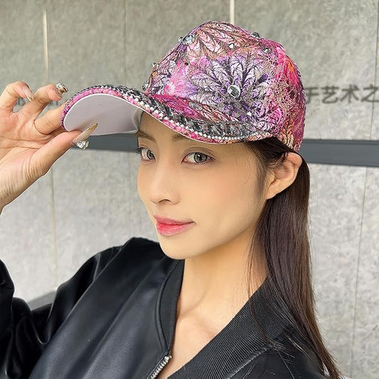 Bling Baseball Caps for Women, Rhinestone Summer Flower Baseball Hat, Adjustable Spring Fall Denim Sequin Jean Hat