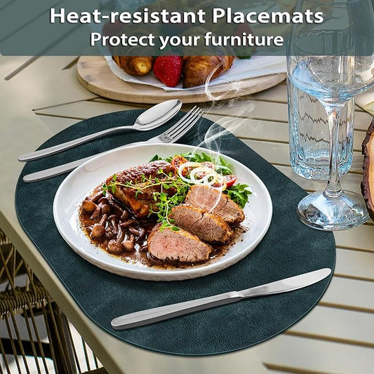 ADRIMER Placemats, Heat Resistant Oval Placemats Set of 12 Washable 12 x 17 Inch, Waterproof Table Mats, Wipeable Pu Place Mats for Kitchen, Dining Room, Dark Blue
