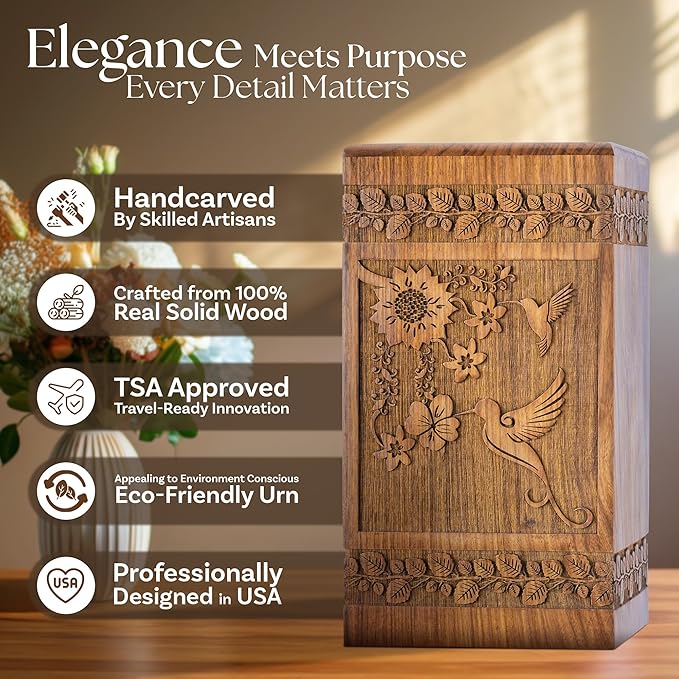 INTAJ Handcarved Rosewood Hummingbird Urn for Human Ashes Adult Male Female - Floral Carving 180 lbs Capacity - Wooden Cremation Urn Box Suitable for Burial Funeral Decorative Memorial Casket