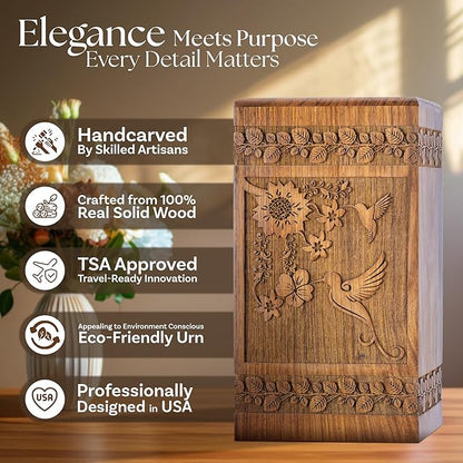 INTAJ Handcarved Rosewood Hummingbird Urn for Human Ashes Adult Male Female - Floral Carving 180 lbs Capacity - Wooden Cremation Urn Box Suitable for Burial Funeral Decorative Memorial Casket