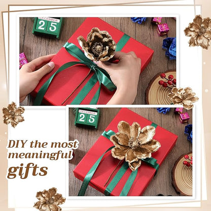 20 Pcs Christmas Glitter Poinsettia Magnolia Flowers Ornaments Large Heads Artificial Magnolia Flowers for Christmas Tree Xmas Wreath Holiday Wedding Decor(Gold)
