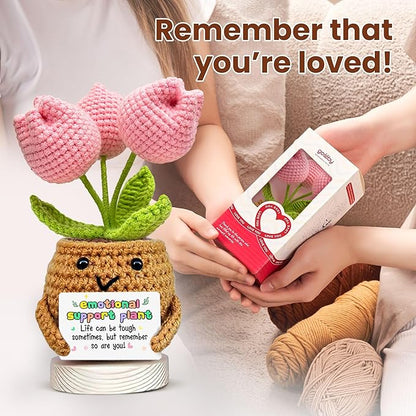 Gossby Handmade Positive Tulip Flower - Emotional Support Crochet Gift for Women - Inspirational, Mental Health, Mothers Day, Birthday Gift for Mom, Sister, Friend, Coworker - Crochet Doll with Card