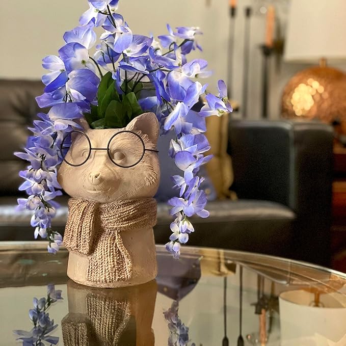 Bespectacled Fox Cement Vase 8.25 Inch – Gold Accents, Knit Textured Scarf, Real Wire Glasses, Whimsical Animal Decor, Distressed Taupe Planter for Indoor Plants, Unique Gift for Home or Office