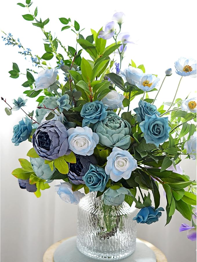FiveSeasonStuff 12 Stems Artic ICY Blue Artificial Flowers Real Touch Silk Roses for Wedding Decoration, Packed in Gift Box