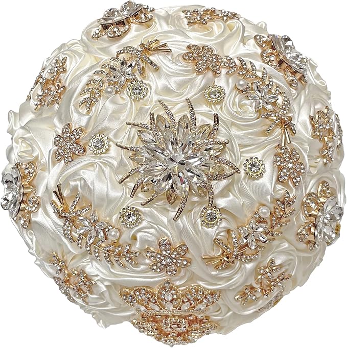 Handmade Satin Rose Floral Bling Pearl Decor Bridal Wedding Bouquet Rhinestone Pendant Artificial Brooch Flowers for Bride Bridesmaid Quinceanera