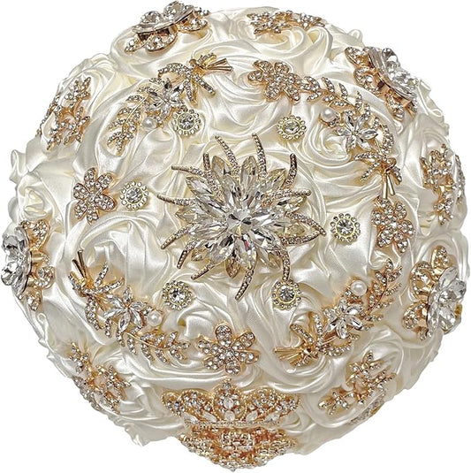 Handmade Satin Rose Floral Bling Pearl Decor Bridal Wedding Bouquet Rhinestone Pendant Artificial Brooch Flowers for Bride Bridesmaid Quinceanera