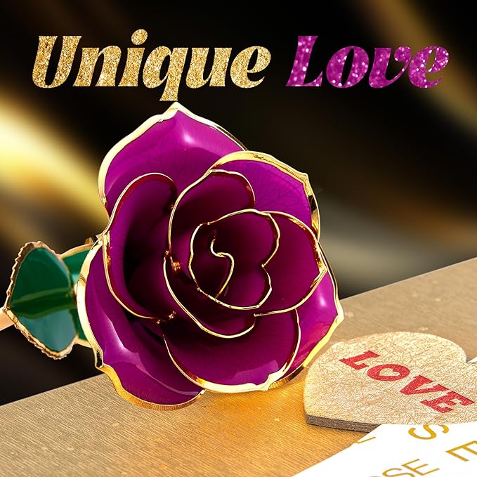 Mikasol Gold Dipped 24K Forever Preserved Rose, 1 Pack Infinity Flower Decor Hand Dipped Romantic Gift for Women in Her Wife Girlfriend Birthday Anniversary Valentines Mothers Day Christmas(Purple)