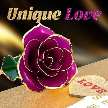 Mikasol Gold Dipped 24K Forever Preserved Rose, 1 Pack Infinity Flower Decor Hand Dipped Romantic Gift for Women in Her Wife Girlfriend Birthday Anniversary Valentines Mothers Day Christmas(Purple)