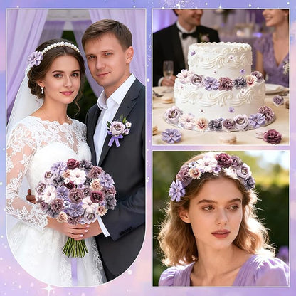 Faux Flower Heads Small Silk Artificial Flower DIY Fake Mini Flowers Rose Daisy Multicolor Flowers Craft Supplies for Wedding Party Wreath Graduation Season Party Home Decor (45, Purple)