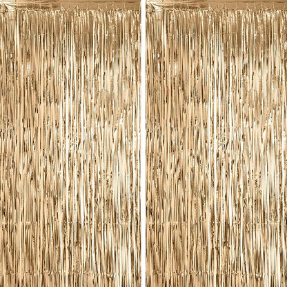 2 Pack Champagne Foil Fringe Backdrop Curtains, Tinsel Streamers Birthday Party Decorations, Fringe Backdrop for Anniversary, New Years, Birthday Party