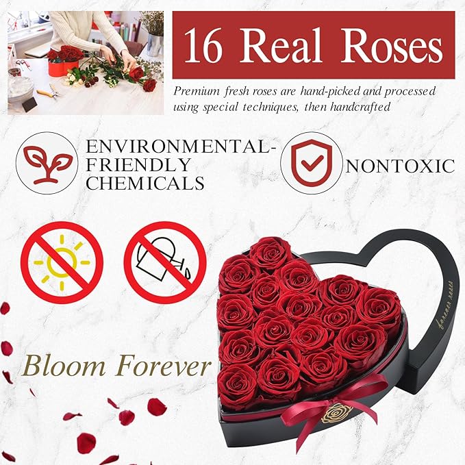 16 Forever Flowers in Heart Shaped Box - Preserved Roses Romantic Gifts for Her, Valentine’s Day, Anniversary, Wedding (Wine)