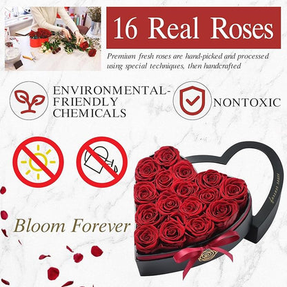 16 Forever Flowers in Heart Shaped Box - Preserved Roses Romantic Gifts for Her, Valentine’s Day, Anniversary, Wedding (Wine)