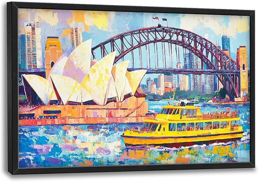 Extra Large Sydney Opera House Framed Wall Art for Living Room,Oversized Abstract Harbour Bridge Cityscape Pictures Wall Decor,Canvas Print Painting Modern Artwork Bedroom Office Bathroom 36L x 24W