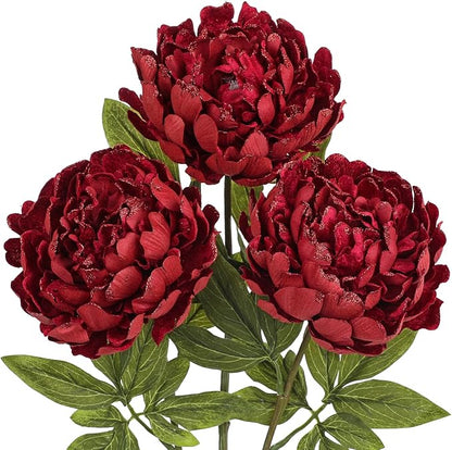 Briful 3PCS Red Peony Artificial Flower Stems 29.1in Long Stem Fake Peonies Silk Floral Arrangement Real Touch Peony Flower for Christmas Home Vase Party Wedding Bouquet Decor