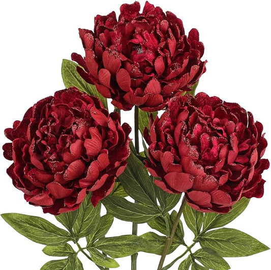 Briful 3PCS Red Peony Artificial Flower Stems 29.1in Long Stem Fake Peonies Silk Floral Arrangement Real Touch Peony Flower for Christmas Home Vase Party Wedding Bouquet Decor