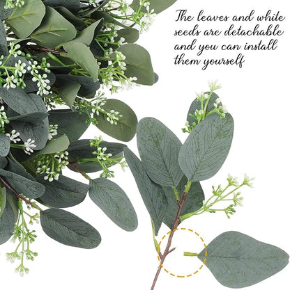 Janinka 60 Pcs Mixed Eucalyptus Leaves Stems Bulk Artificial Eucalyptus Leaves with White Seeds Artificial Silver Dollar Sprays Faux Oval for Floral Wreath Bouquets Wedding Greenery Decoration